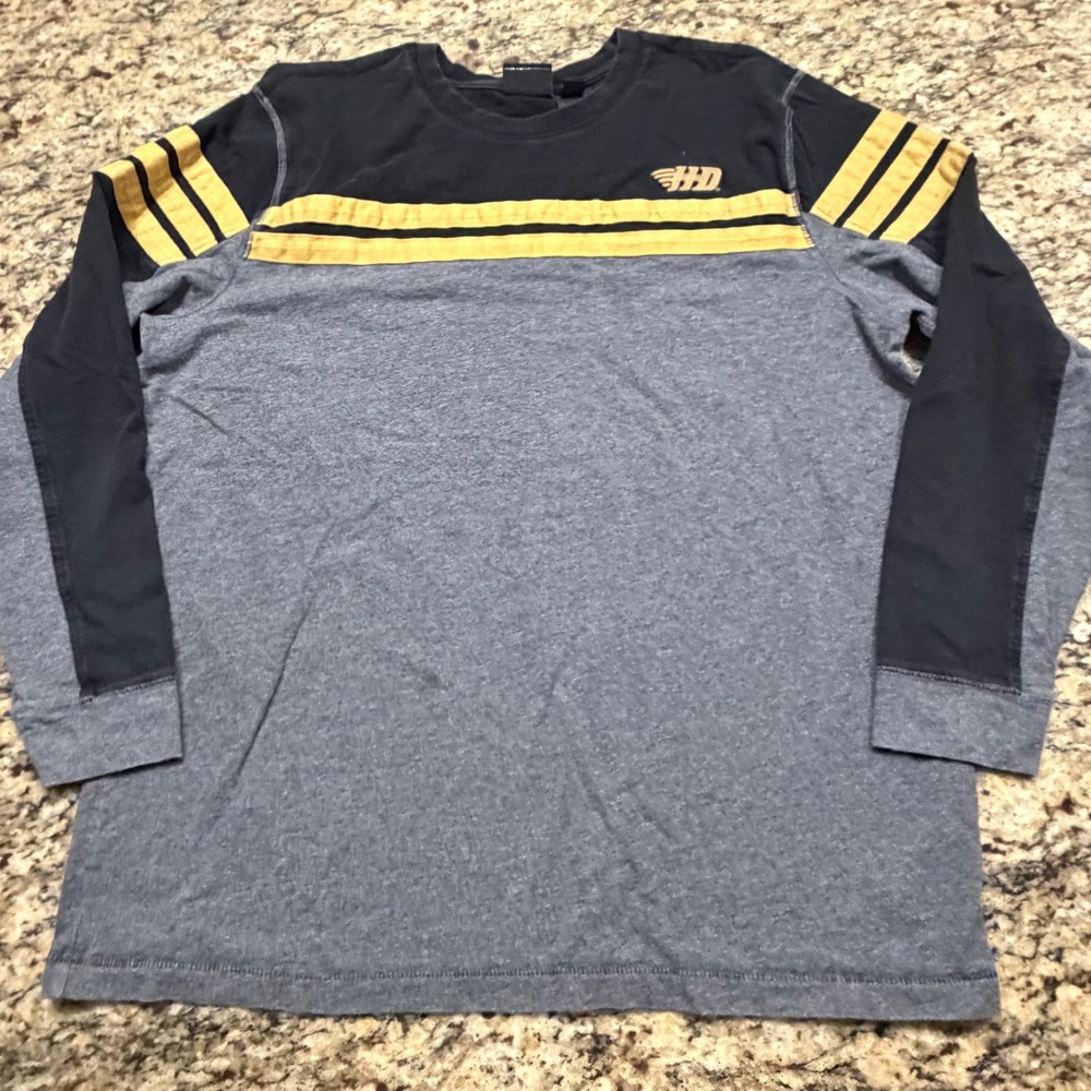 Harley-Davidson Mens XL Long Sleeve T-Shirt Grey Black Yellow Stripe HD Logo ws